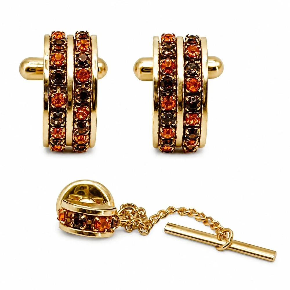 Art Deco Gold Tone Half Circle Orange Red Rhinestone Cufflinks Tie Tack Set